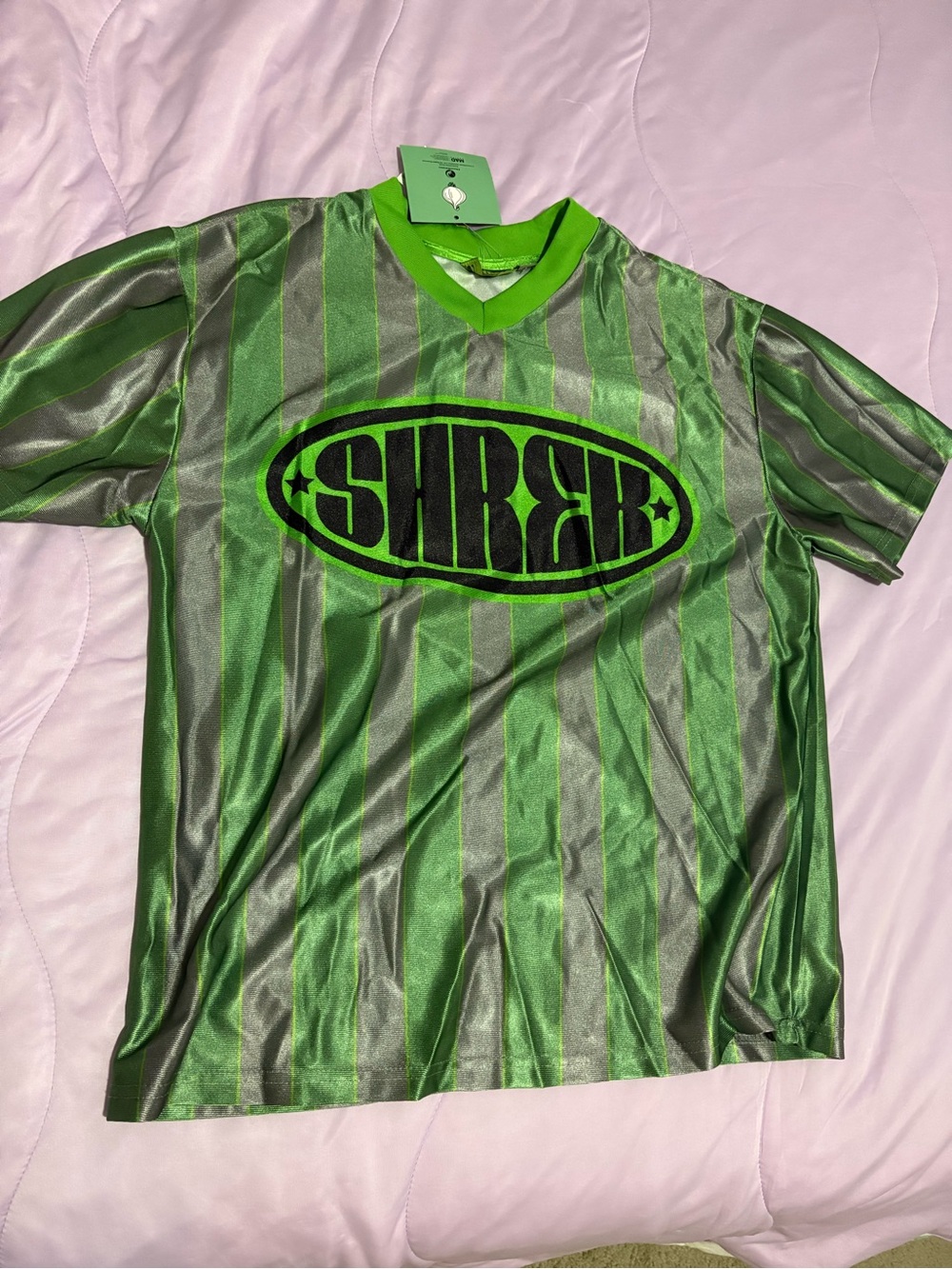NWT Shrek & Donkey Dreamworks Green & Gray Striped Jersey Rave Metallic Shirt